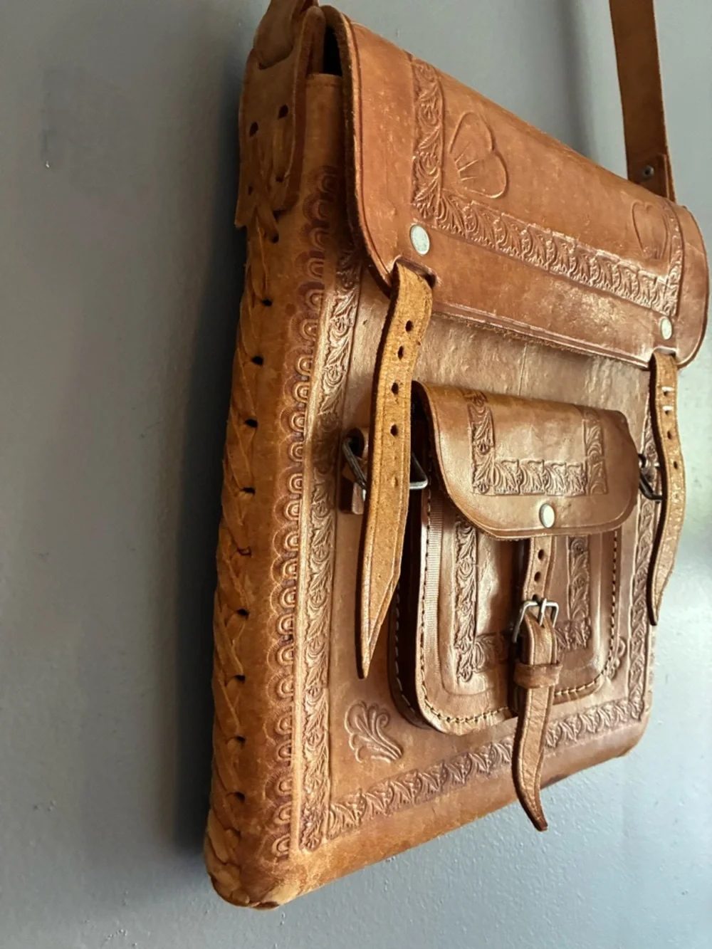 Vintage Embossed  Distressed Leather Western Hippie Bohemian Bag